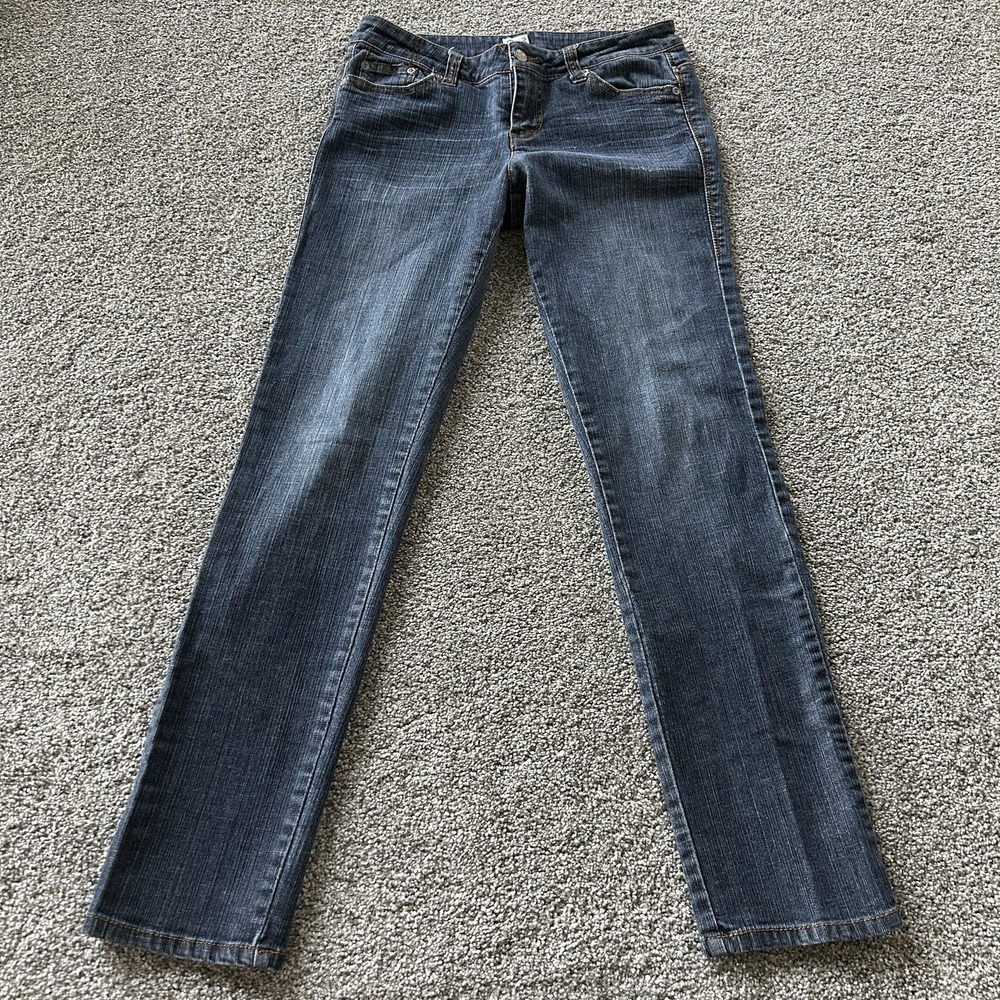 Cache Straight Jeans Womens 6 Medium Wash Blue Embroidered Studded Stretch Denim